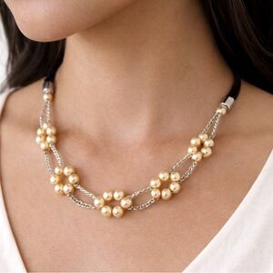 Gold Tone Pearl Beaded Necklace Multi Strand Cluster Statement Fashion Jewelry